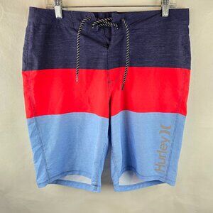 Hurley Shorts Mens 32 Red Blue Colorblock Board Surf Swimwear Logo Drawstring